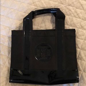 Black patent and canvas tote
